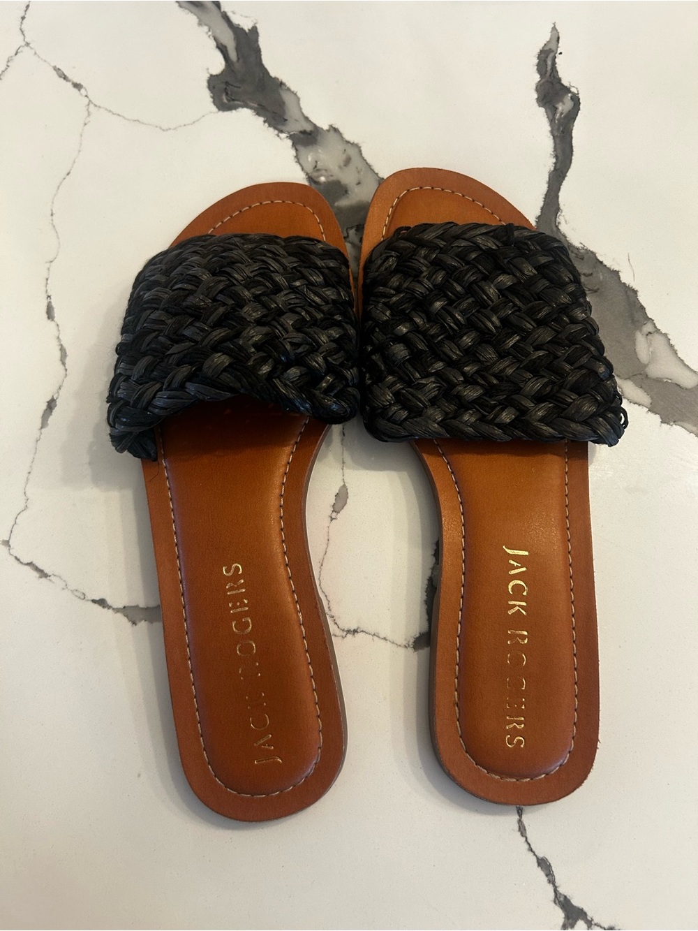Jack Rogers Black Braided Slide Sandals with Tan Footbed